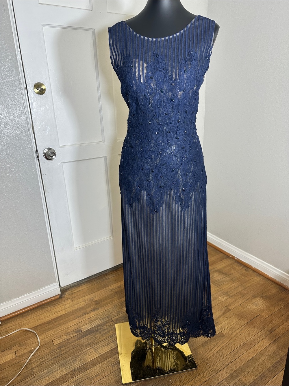 Vintage Elegant Navy Beaded Lace Maxi Dress for Women